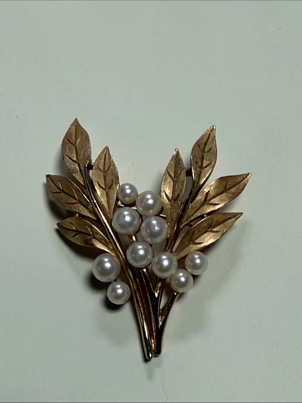 Vintage Crown Trifari Goldtone and Faux Pearl Leaf Brooch